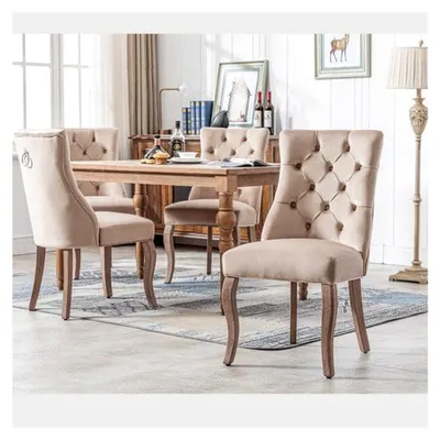 Produktbild von Esszimmerstuhl Beige Samt, hohe Rückenlehne, mit Knopfsteppung, Gestell aus Massivholz (Set, 4 Stück)