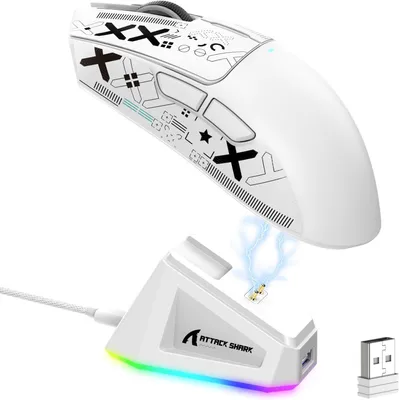 Produktbild von Kabellose Gaming-Maus X11 mit RGB Ladestation, PixArt PAW3311 Sensor, Tri-Mode Wired/2,4G/BT, 22.000 DPI, Ultraleicht 59g, Ergonomisch, Weiß