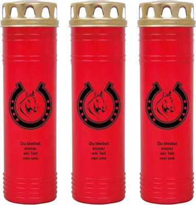 Produktbild von Grabkerze Rot 3er Pack, Brenndauer: 170 Stunden ( je Kerze ), Motiv: Hufeisen