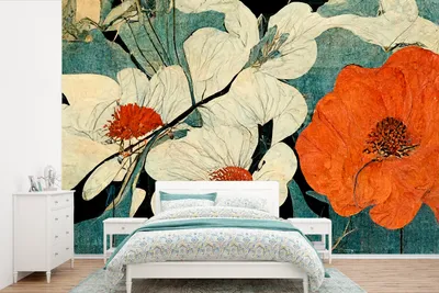 Produktbild von MuchoWow® Fototapete für Wohnzimmer oder Schlafzimmer Wandtapete Vinyl Motivtapete Blumen - Pflanzen - Vintage - Asien - Orange - 600x400 cm - Vinyltapeten