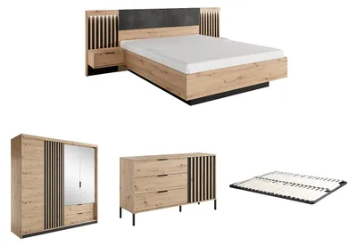 Produktbild von Schlafzimmer-Set - Bett mit Nachttischen - 160 x 200 cm + Lattenrost + Kommode + Kleiderschrank - Holzfarben & Schwarz - ARIADA