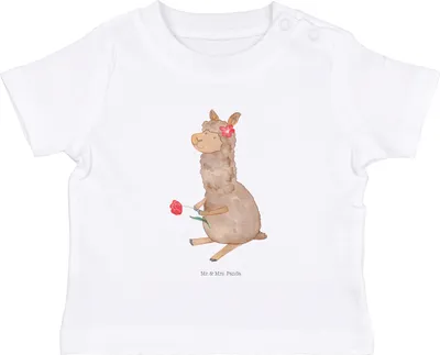 Produktbild von Mr. & Mrs. Panda Babyshirt Alpaka Blume 0. - 6. Monat - Weiß - Geschenk, Baby Shirt,  T-Shirt, Lamas, Kinder Top, Oberteil, Lama, Spruch, Kurzarmshirt