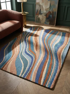 Produktbild von Wollteppich Wellen Muster, Abstrakt, Wohnzimmer Multicolor-Blau Rechteckig 120x170 | 100% Wolle, Rücken aus 100% Baumwolle | Florhöhe: 10 cm | Handgetuftet