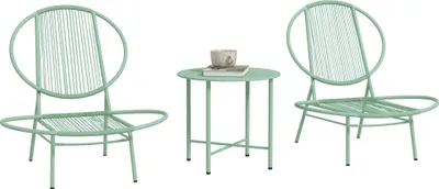 A set of outdoor furniture including two chairs and a small table, all in a light green color.