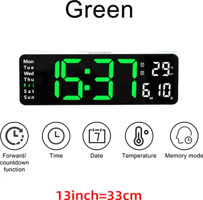 Obrázok produktu pre Veľké digitálne nástenné hodiny LED, diaľkové ovládanie, teplota, dátum, týždenný displej, pamäťová tabuľka, montáž na stenu, dva elektronické budíky, 13 INCH, zelená farba