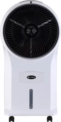 A white air cooler with a black fan and a water level indicator.