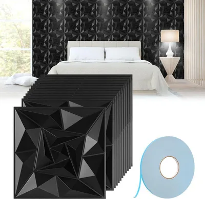Produktbild von Clanmacy 12pcs 3D Paneele Wandpaneele Polyvinylchlorid PVC – Verkleidung für Wand & Decke – 30x30 cm (0,9 m²) – Leicht, Flexibel & Einfach zu Montieren - Schwarz - Mit Doppelseitiges Klebeband