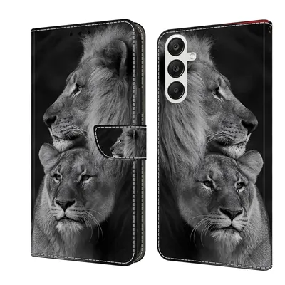 Produktbild von CLM-Tech Handyhülle kompatibel mit Samsung Galaxy A57 5G Hülle - Tasche aus Kunstleder - Klapphülle mit Ständer und Kartenfächern - Schutzhülle Wallet Case Cover Löwe in schwarz grau