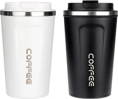 Image de Deux mugs de voyage, 380 ml, en acier inoxydable, anti-fuites, blanc/noir
