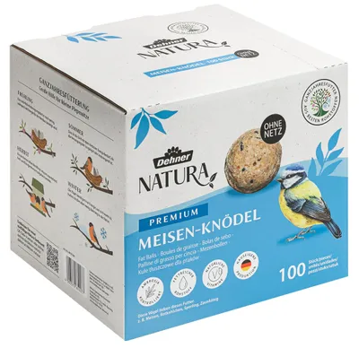 Zdjęcie produktu dla Dehner Natura Premium – kulki dla sikorek bez siatki, całoroczna karma dla dzikich ptaków bogata w białko i energię, karma dla dzikich ptaków, 100 sztuk po 90 g (9 kg), karton z produkcji posiadają FSC®