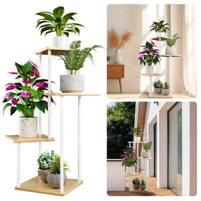 Produktbild von CMYbabee 4 Etagen Hölzern Metall Pflanzenständer Innen Außen, Ecke Blumenregal Pflanzenregal für Mehrere Pflanzen, Blumenständer Pflanzentreppe Outdoor-Balkon Garten Wohnzimmer