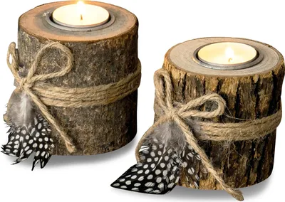 Produktbild von 2er Set Teelichthalter Holz je 8,5cm hoch Kerzenhalter Federn Kerzenständer