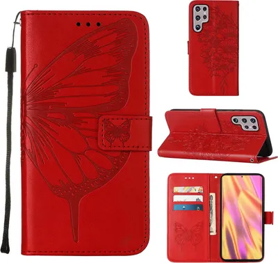 Produktbild von Galaxy S23 Ultra Hülle, Schmetterling Prägung Flip Leder Kartenfächer Schutzhülle Ledertasche mit Ständer für Samsung Galaxy S23 Ultra Rot