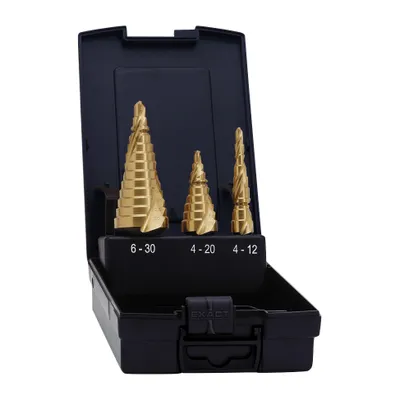 Image de Exact 07014 HSS Step drill bit set 3-piece 4 - 12 mm, 4 - 20 mm, 6 - 30 mm TiN Triangular shank 1 Set