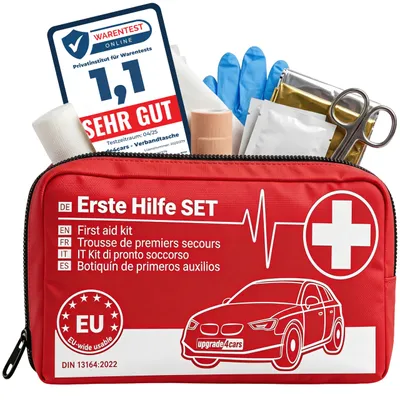 Immagine prodotto di Kit di pronto soccorso per auto Upgrade4cars, conforme alla norma DIN 13164, valido in tutta Europa. Contenitore per medicazioni, adatto anche per l'uso domestico e in viaggio