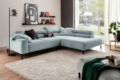 Produktbild von KAWOLA Sofa DELIA Ecksofa Cord hellblau mit motorischem Sitzvorzug Recamiere rechts