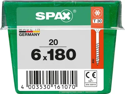 Obrázok produktu pre Univerzálna skrutka SPAX, 6 x 180 mm, 20 kusov, s čiastočným závitom, so zápustnou hlavou, T-STAR plus T30, 4CUT, WIROX, 4191010601812