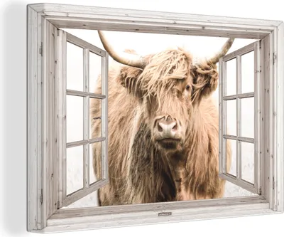 Produktbild von OneMillionCanvasses® - Leinwandbilder - 150x100 cm, Schottisches Hochlandrind - Fenster - Nebel - Ausblick, - Geöffnetes Fenster - Fensterblick Hochland Rind - Tier Wanddekoration - Hochland Rind - Kuh - Gemälde auf