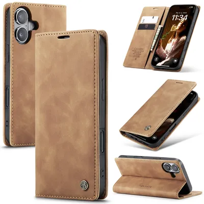 Immagine prodotto di Custodia per iPhone 16, Custodia retrò in Finto cuoio con funzione di supporto Marrone