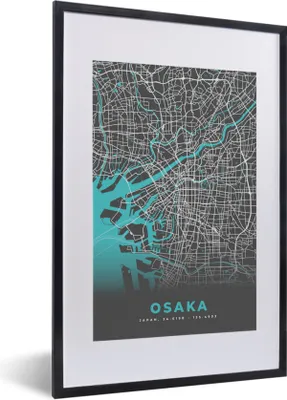 Produktbild von MuchoWow® Gerahmtes Poster Osaka - Karte - Stadtplan - Blau 40x60 cm - Poster mit Schwarzem Bilderrahmen Wandposter Rahmen Foto Bilder - Poster in Rahmen