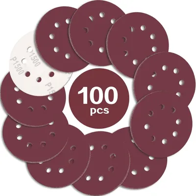 Immagine prodotto di Carta abrasiva da 125 mm con sistema di fissaggio a velcro, grana 1500, confezione da 100 pezzi, con 8 fori, per levigatrici eccentriche