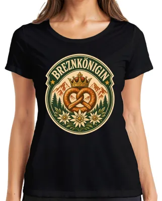 Productafbeelding van Brezenkoningin, Brezel-kroon, Alpen, Edelweiss, Beieren, Lederhose, Dirndl, Dames T-shirt, Zwart, XXL