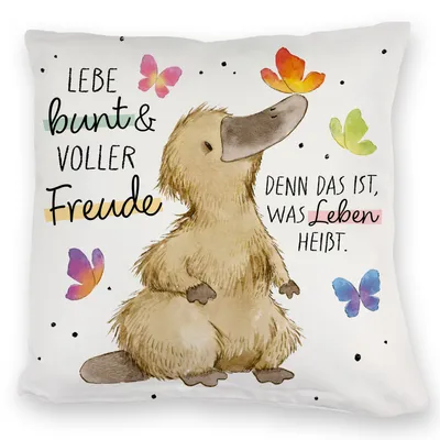 Produktbild von Schnabeltier Kuschelkissen mit Spruch Lebe bunt und freudig