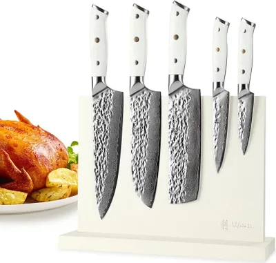 Produktbild von Wakoli Perle Blanche Küchenmesser-Set (5 Messer) mit Messerblock I 67 Lagen Damast mit VG10-Stahlkern | Premium Messerset