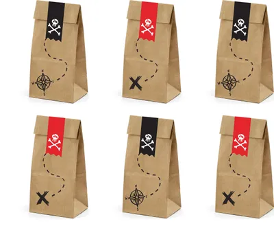 Produktbild von Papiertüten Piraten mit Totenkopf Aufklebern 6er Set natur braun