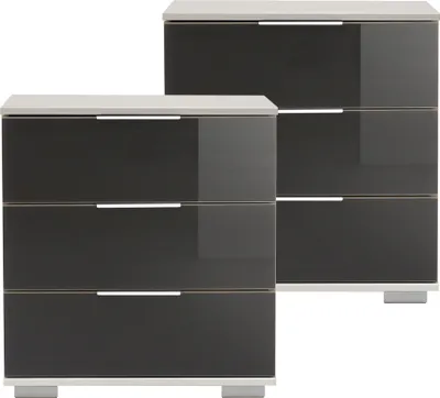 Produktbild von Schlafzimmer 2er Set Nachttisch Nachtschrank, auch für Boxspringbetten, in weiß mit grauem Glas ELSTRA-43, B/H/T ca. 52/58/38 cm
