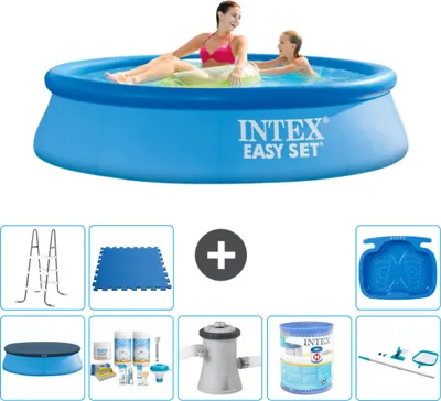 Produktbild von Intex runder aufblasbarer Easy Set-Pool – 244 x 61 cm – Blau – im Lieferumfang enthalten Abdeckung - Wartungspaket - Filterpumpe für Schwimmbad - Filter - Reinigungskit - Leiter