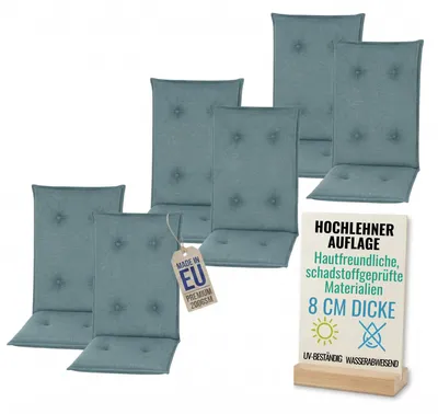 Produktbild von Pillows24 - 6x Hochlehner Auflagen 120x50x8 cm | Gesteppte Wetterfeste Gartenstuhlauflagen | Polster Sitzkissen für Gartenmöbel |  EU | Türkis