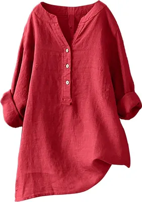 Produktbild von ASKSA Damen Baumwolle Leinen Bluse Einfarbig Langarm Shirt Lose Blusenshirt Knoepfen Aufrollen Tops, Rot, Groesse: S