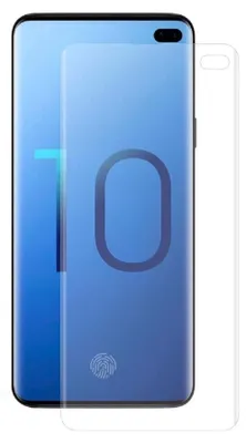 A screen protector is shown laid over a smartphone screen with a large '10' graphic and a fingerprint icon.