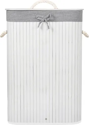 A laundry basket made of white bamboo slats with a gray fabric lid and rope handles.