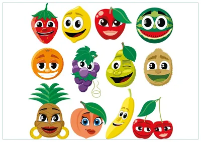 Produktbild von Wallario Premium Glasbild, freischwebende Optik, kräftige Farben, Größe 100 x 70 cm Motiv Obst-Smilies im Comic-Stil - Lustige Früchte