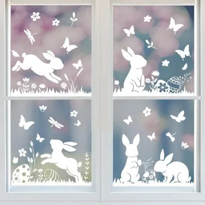 Produktbild von Fensterbilder zu Ostern mit Hasen und Schmetterlingen – 4 Blatt selbsthaftende Hasen-Fenstersticker für die Frühlings- und Osterdekoration, wiederverwendbare Fensteraufkleber