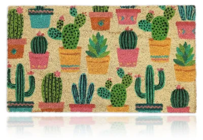 Productafbeelding van Relaxdays deurmat van kokosvezel, met cactusthema, 75x42 cm, geschikt voor binnen en buiten, antislip, voetmat, weerbestendig, kleurrijk, AI-gegenereerde afbeelding