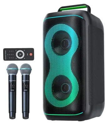 Imagen del producto de Sistema de karaoke portátil con 400W de potencia máxima, dos micrófonos UHF y conectividad Bluetooth