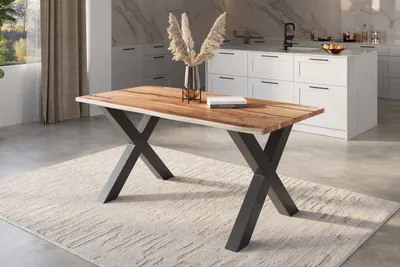 Produktbild von Baumkantentisch Akazie natur mit schwarzen Resin-Adern 140 x 80 cm X-Gestell schwarz POLLY