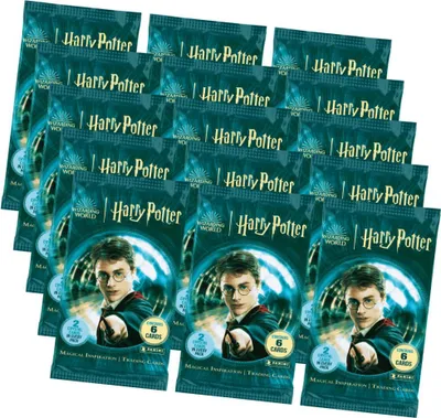 A collection of Harry Potter trading card booster packs.