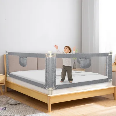 Produktbild von 3x Baby Bettgitter 180cm,Kinder Bettschutzgitter Höhenverstellbar Rausfallschutz Bett für Familienbett Und Kinderbett Leinen Grau