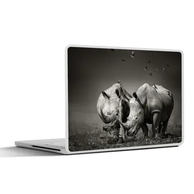 Produktbild von MuchoWow® Laptop Aufkleber Sticker Cover Nashorn - Vogel - Tiere - Landschaft - Schwarz-Weiß 40x30 cm - Laptop Dekoration - Selbstklebend