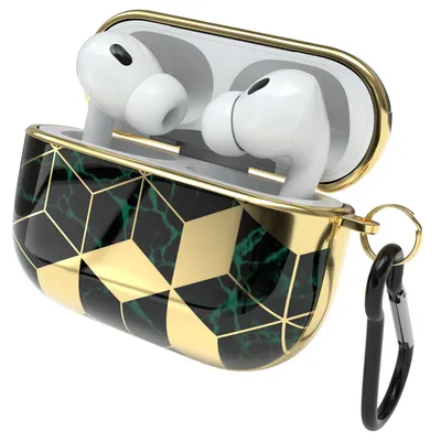 Produktbild von EAZY CASE - Schutzhülle für AirPods Pro 2 Hülle Grün Hard Case Stoßfest mit Karabiner geeignet als Schlüsselanhänger Antikratz Etui rutschfest Hardcase für Airpod Pro 2. Generation in Gold Grün Marmor