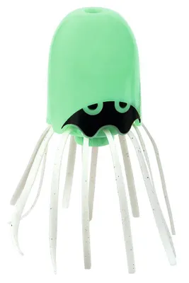 A glow-in-the-dark jellyfish toy with a black bat-like face and white tentacles, set against a white background.