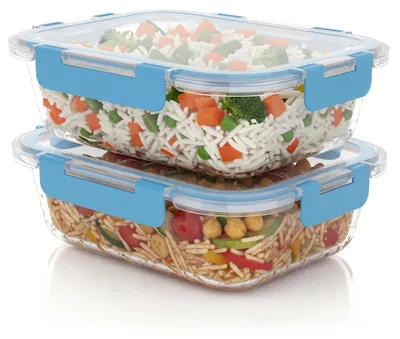 Produktbild von Arendo Lunchbox Glas 2er Set, Frischhaltedosen 2x 1520 ml, Borosilikatglas, luftdicht, auslaufsicher, mikrowellen-, backofen- und gefriergeeignet, stapelbar, transparent/blau