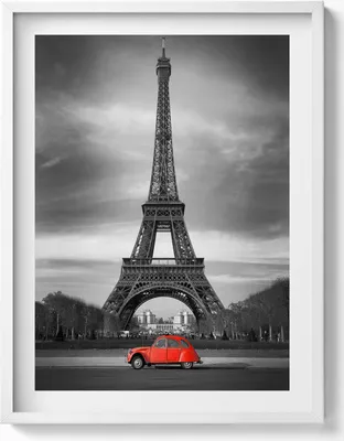 Produktbild von Rotes Auto vor dem Hintergrund des Eiffelturms– Wandbild mit Rahmen – Gerahmtes Bild  – Wanddekoration – 60x80 cm –  Weiß Rahmen
