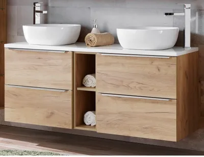 Produktbild von Doppelwaschtisch-Unterschrank 140cm mit 2 Keramikbecken TOSKANA-56 in Wotaneiche mit Hochglanz weiß, B/H/T ca.: 141/74,5/46 cm