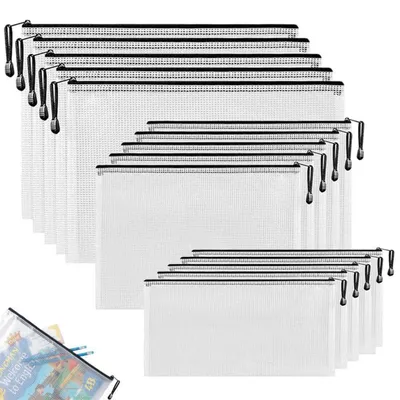 Obrázok produktu pre Dokumentové vrecká so zipsom, 15 kusov, formáty A4, A5, A6, vodeodolné, vyrobené z PVC, vhodné na ukladanie