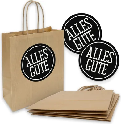 Produktbild von itenga 5x Geschenktüte mit Kordel 18x8x22cm + Sticker ALLES GUTE schwarz weiß